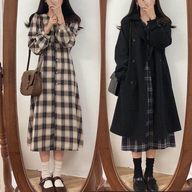 Váy Vintage Cổ V Dáng Dài, Đầm Vintage Họa Tiết Caro Dài Tay Latis Store Hàng Có Sẵn