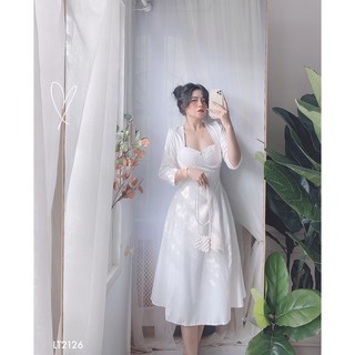 (SALE XẢ HÀNG) Đầm Midi Trắng Thắt Nơ Lưng