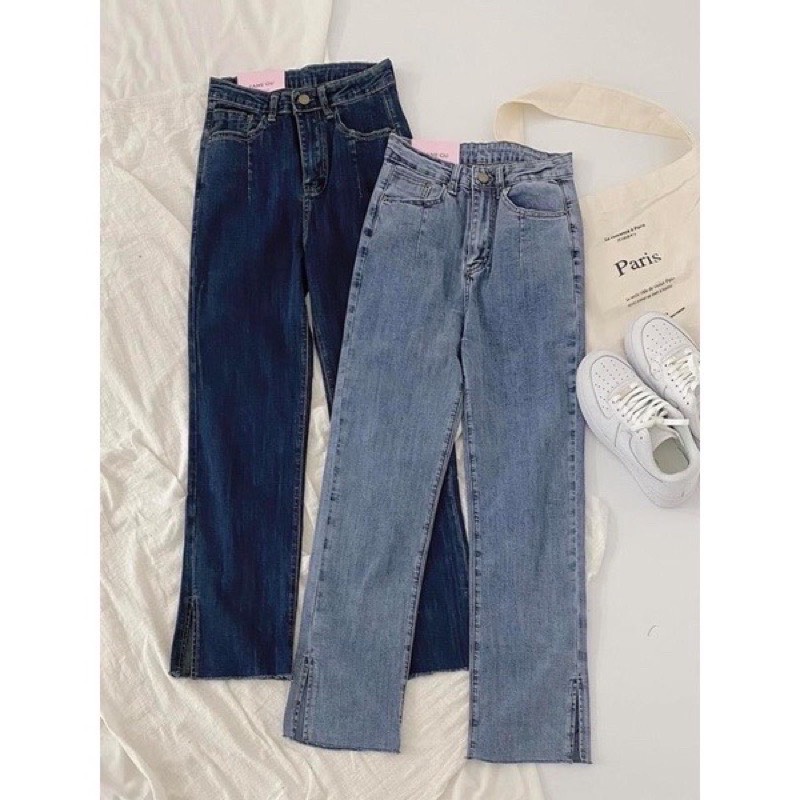 Quần jean nữ ống đứng,quần ống suông lưng cao xẻ gấu bên size SML