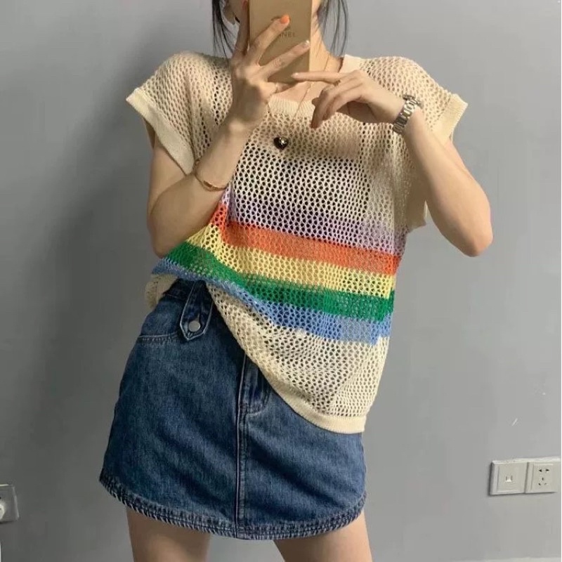 Áo len lưới dệt kim tay hến mix sọc cầu vồng