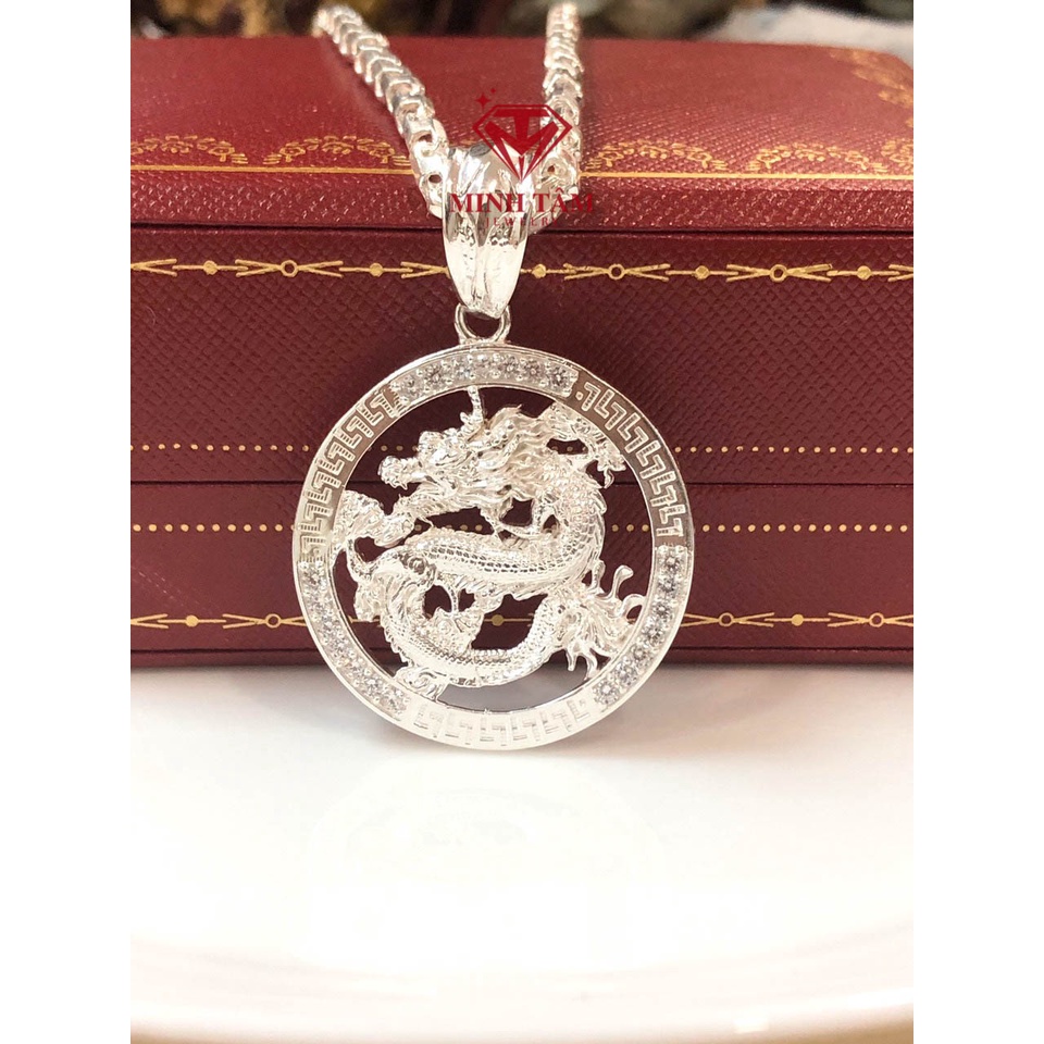 Mặt dây chuyền nam bạc mặt tròn in hình rồng, Bộ dây chuyền mặt rồng chất liệu bạc ta-Minh Tâm Jewelry