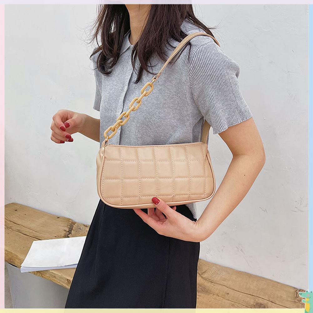 Ready Retro Women Plaid Pattern Pure Color PU Shoulder Underarm Bag Chain Handbag