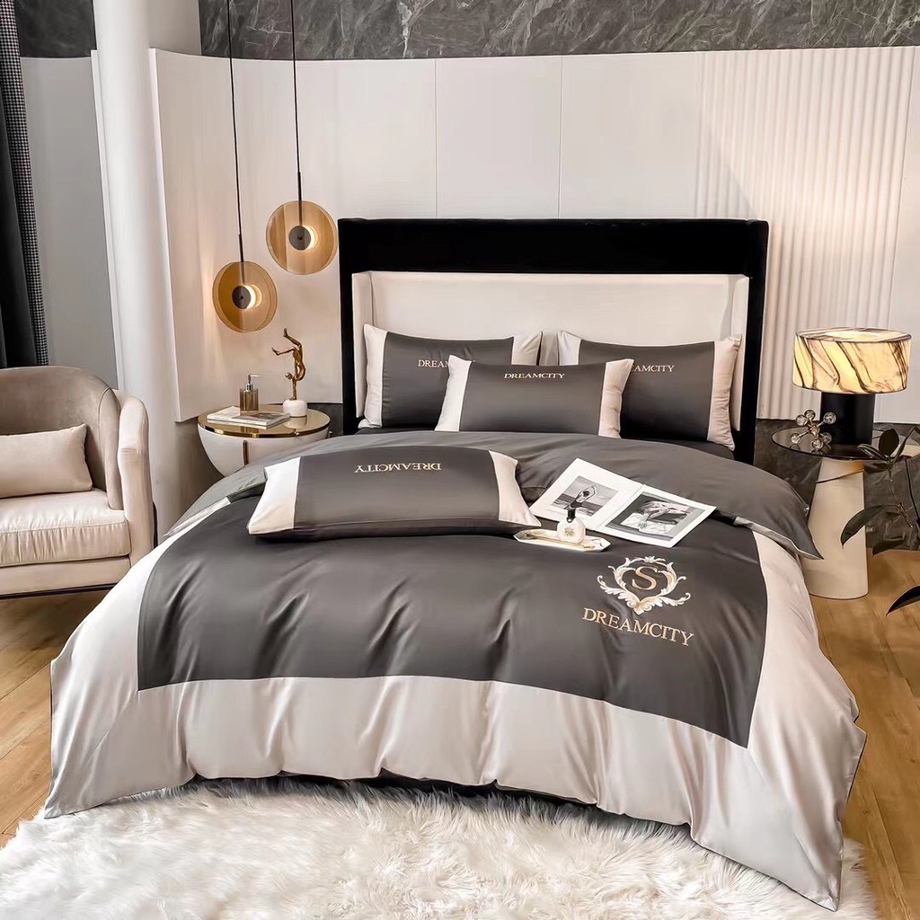 Bộ chăn ga gối lụa cotton Dream City phối màu sang trọng, chăn ga gối 4 món nhập khẩu cao cấp mềm mịn thoáng mát
