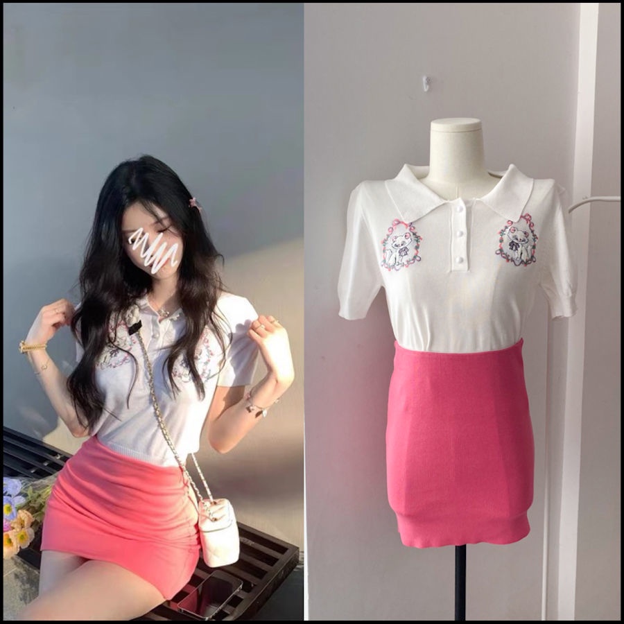 Áo Sweater Dệt Kim Ngắn Tay Cổ Polo Thêu Hình Mèo Đáng Yêu Thời Trang Mùa Hè Cho Nữ