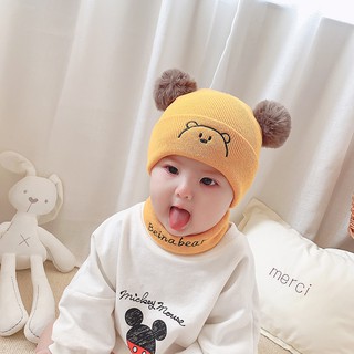 Mũ len cho bé 6-36 tháng hình gấu + tặng kèm khăn len