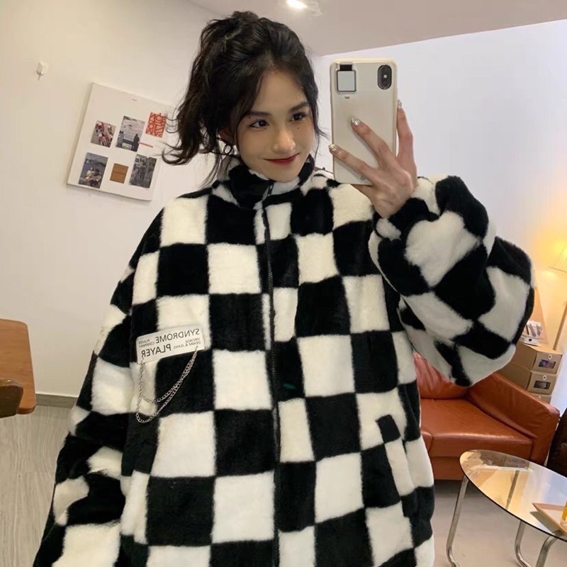 TKLIHN Áo khoác Lông Ulzzang KẺ CARO đen trắng Hot FASHIONITA 2022 KÈM 2 ẢNH THẬT CUỐI