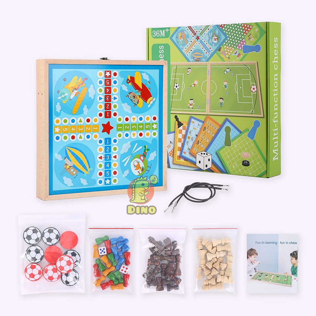 Bộ cờ đa năng 3 trong 1 Cờ vua/Cờ búng/Cờ Ludo ( Cờ cá ngựa), Đồ chơi trẻ em chất liệu gỗ cao cấp - DINO