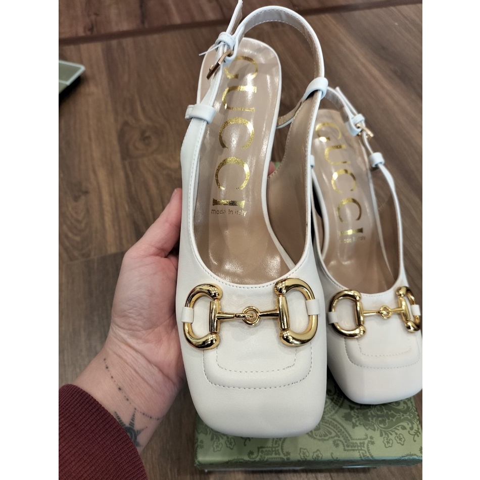 Giày cao gót nữ, Sục nữ quoai sau bịt mũi 7cm da thật cao cấp 2 màu đen , trắng sezi 35_39