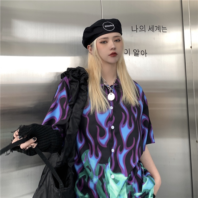 Áo sơ mi ZHELIHANGFEI tay ngắn dáng rộng màu sắc tương phản phong cách Mỹ hip hop cá tính thời trang mùa hè unisex