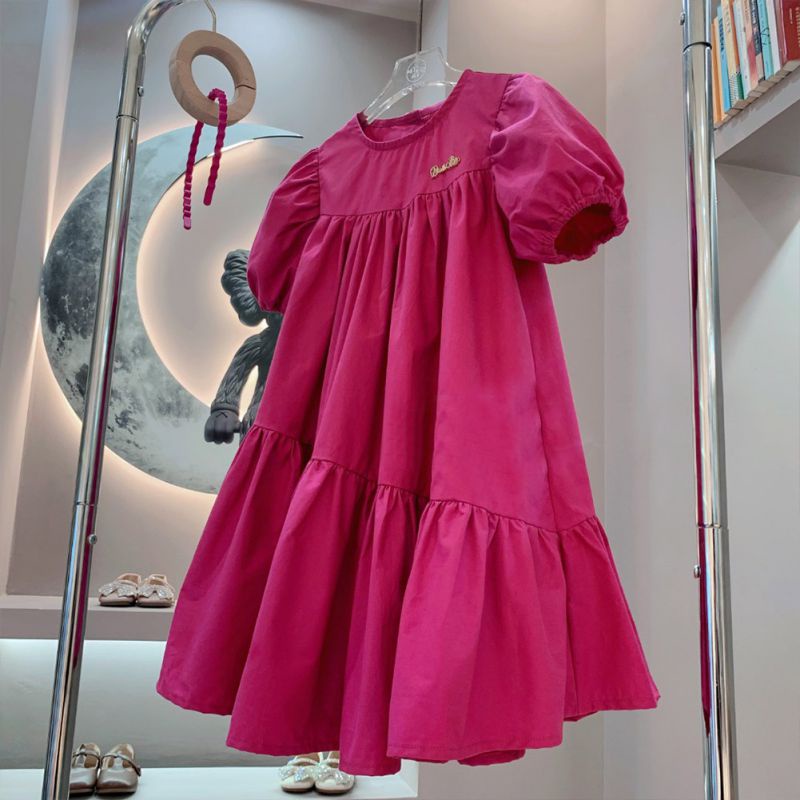 Đầm Cotton Tay Phồng Dáng Rộng Màu Trơn Đơn Giản Cho Bé Gái Màu Sắc