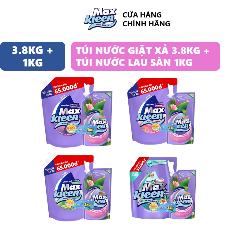 Combo Túi nước giặt xả MaxKleen 3.8kg/3.6kg + Túi lau sàn MaxKleen 1kg ngàn hoa ngọt ngào