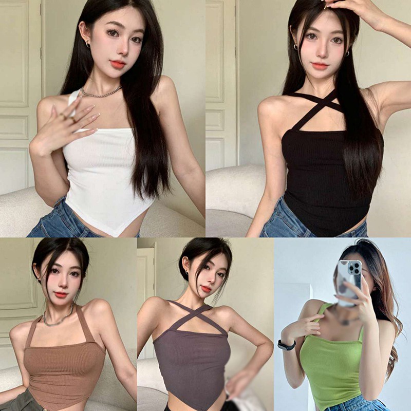 Áo Crop Top Hai Dây Có Mút Đệm Ngực Màu Sắc Đơn Giản Quyến Rũ Dành Cho Nữ