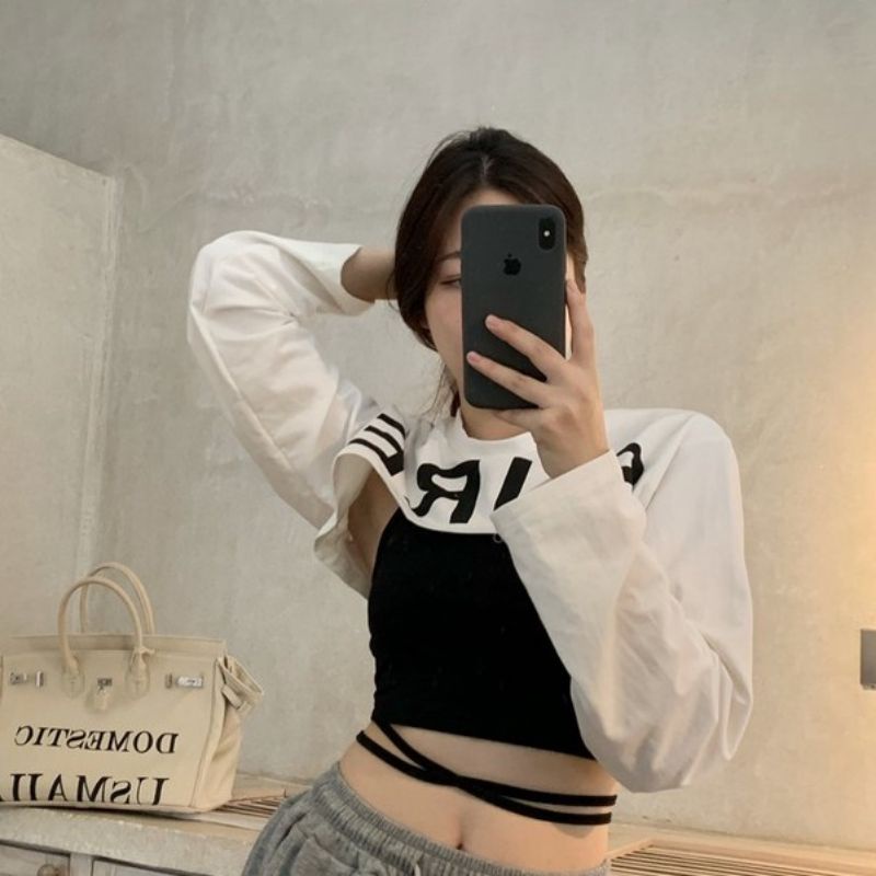 Sét 2 món Gồm áo 2 dây quấn bụng &amp; áo thun tay dài phối ngoài