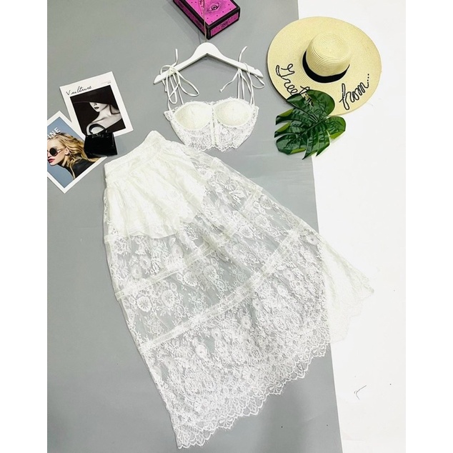 Set ren trắng áo bra 2 dây hở ngực kèm chân váy maxi dài, bộ hotgirl đi chơi du lịch đi biển sang chảnh quyến rũ gợi cảm