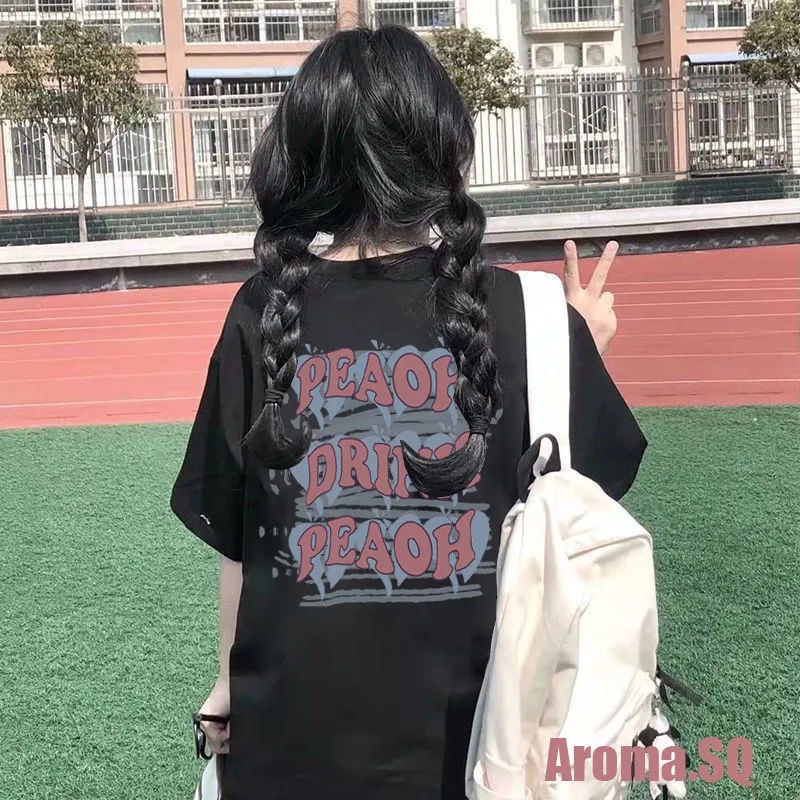 Áo Thun 100% Cotton Tay Ngắn Dáng Rộng In Chữ Trước Và Sau Phong Cách Harajuku Cho Nữ