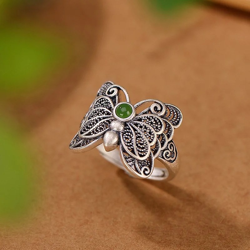 N064 Nhẫn điệp vũ bạc thái đính đá màu xanh