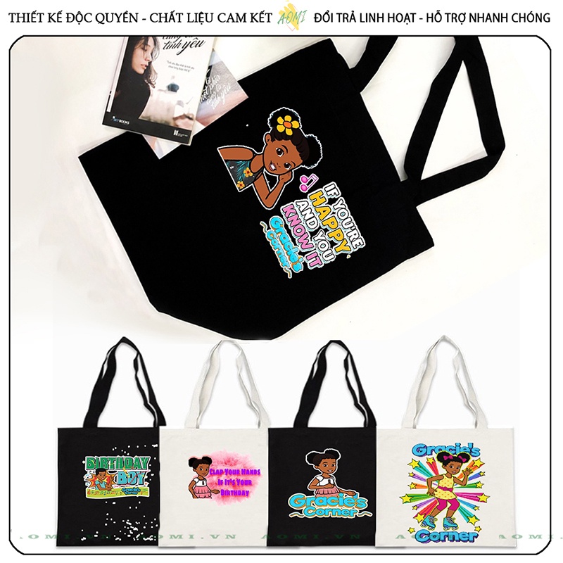 TOTE phonics song gracie's corner CANVAS TÚI VẢI ĐEO VAI BAG CÓ KHÓA KÉO SIZE LỚN 33x38cm AOMIVN DU LỊCH DẠO PHỐ AOMI