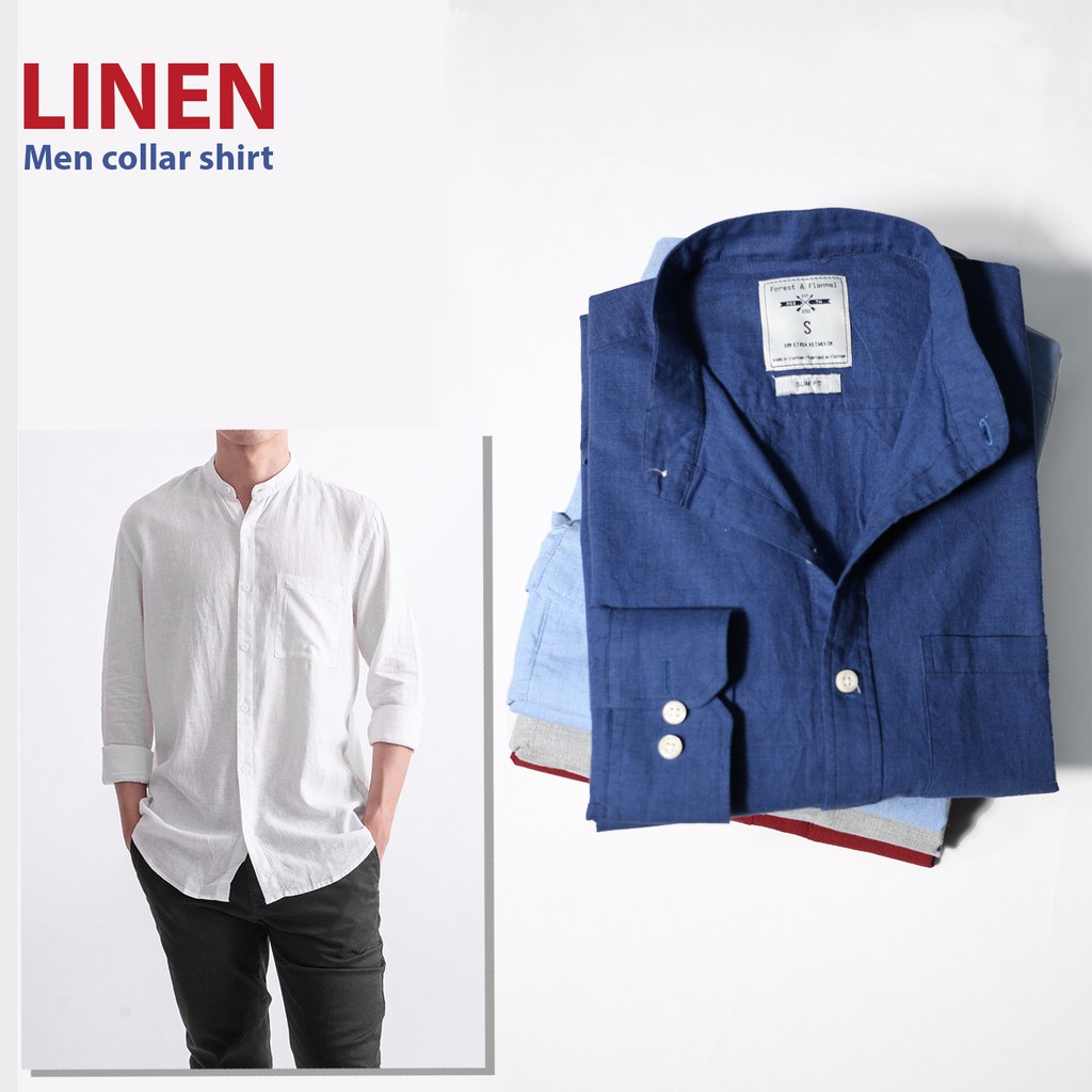 Sơ mi linen / đũi dài tay cổ trụ có túi bụi bặm, phong cách