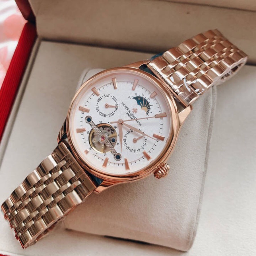 Đồng hồ Nam Vacheron máy nhật, mẫu 5kim lộ cơ thanh ngang, mặt trắng viền vàng , dòng cơ Automatic size 40mm-41mm