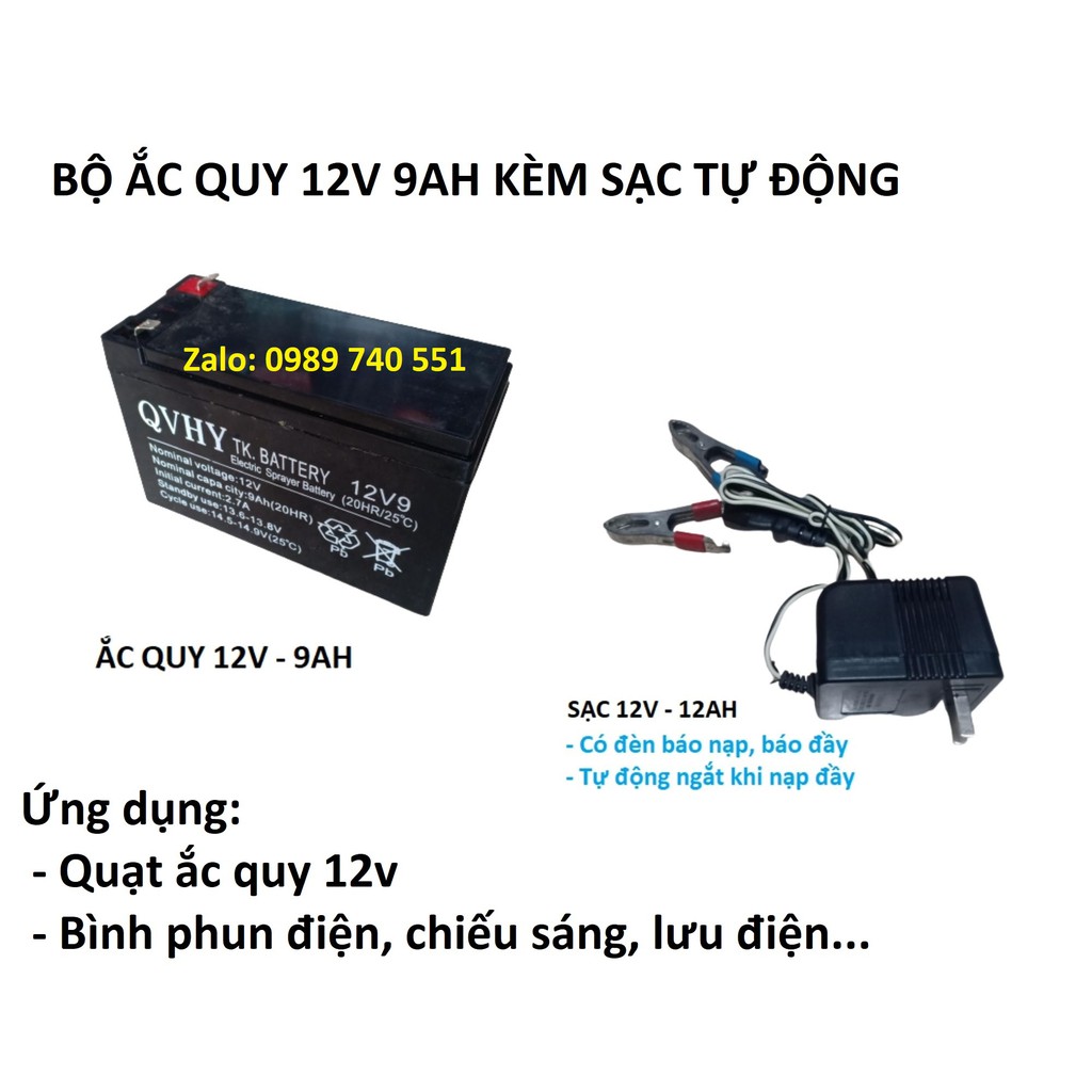 Bộ Ắc quy khô 12V 9AH dùng cho quạt ắc quy 12v kèm  sạc ắc quy tự động