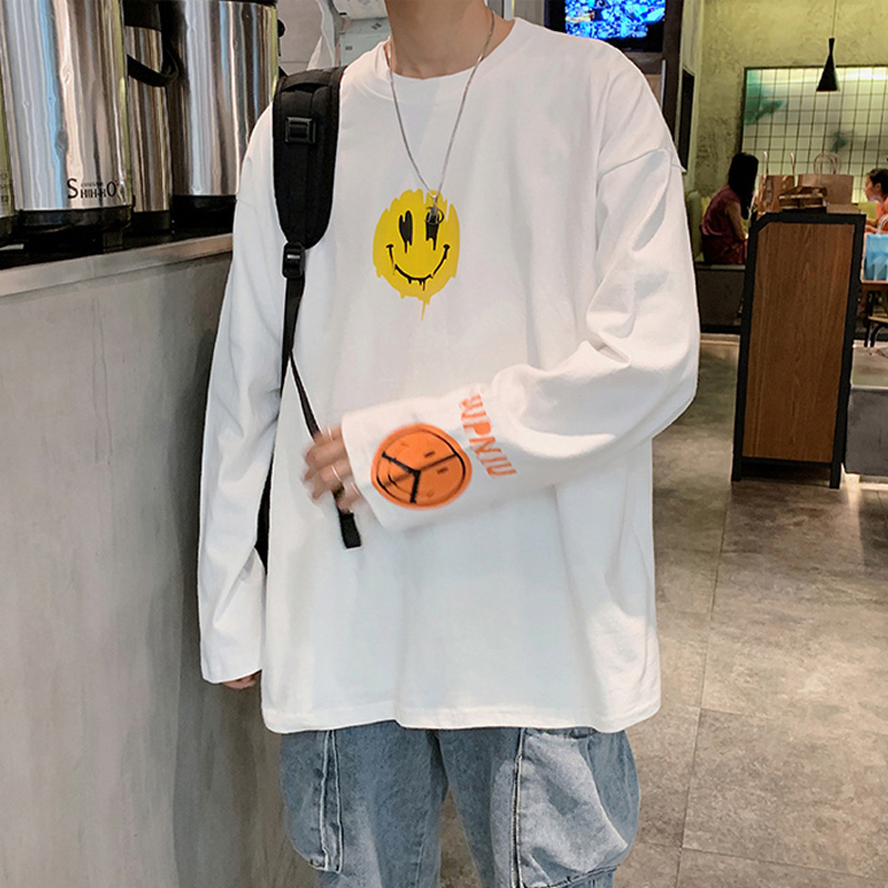 Áo Thun Dài Tay In Hình Mặt Cười Phong Cách Hàn Quốc Cho Nam Size M-5Xl