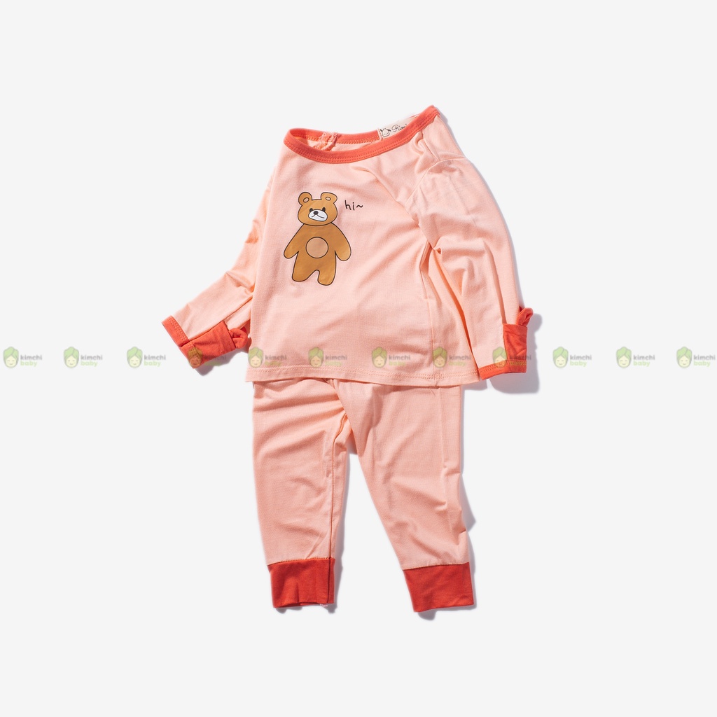 Bộ Dài Tay Bé Gái, Bé Trai KIMCHIBABY Vải Thun Lạnh Hoạ Tiết Gấu Bear Tay Lật, Bộ Quần Áo Trẻ Em Thu Đông KWTD2203