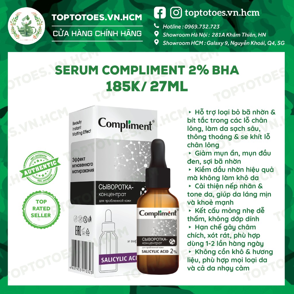 Serum Compliment 2% BHA làm sạch sâu, giảm mụn, se lỗ chân lông, kiềm dầu