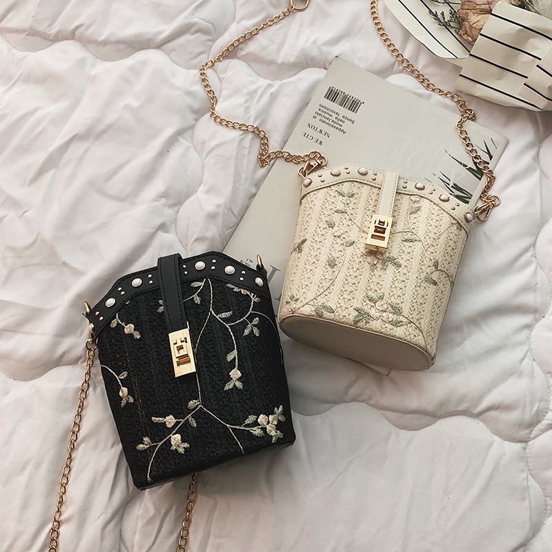 Summer Popular Straw Water Bucket Bag Embroidered Small Bag Female 2021 New Ins Wild Chain Strip Shoulder Diagonal Bag
