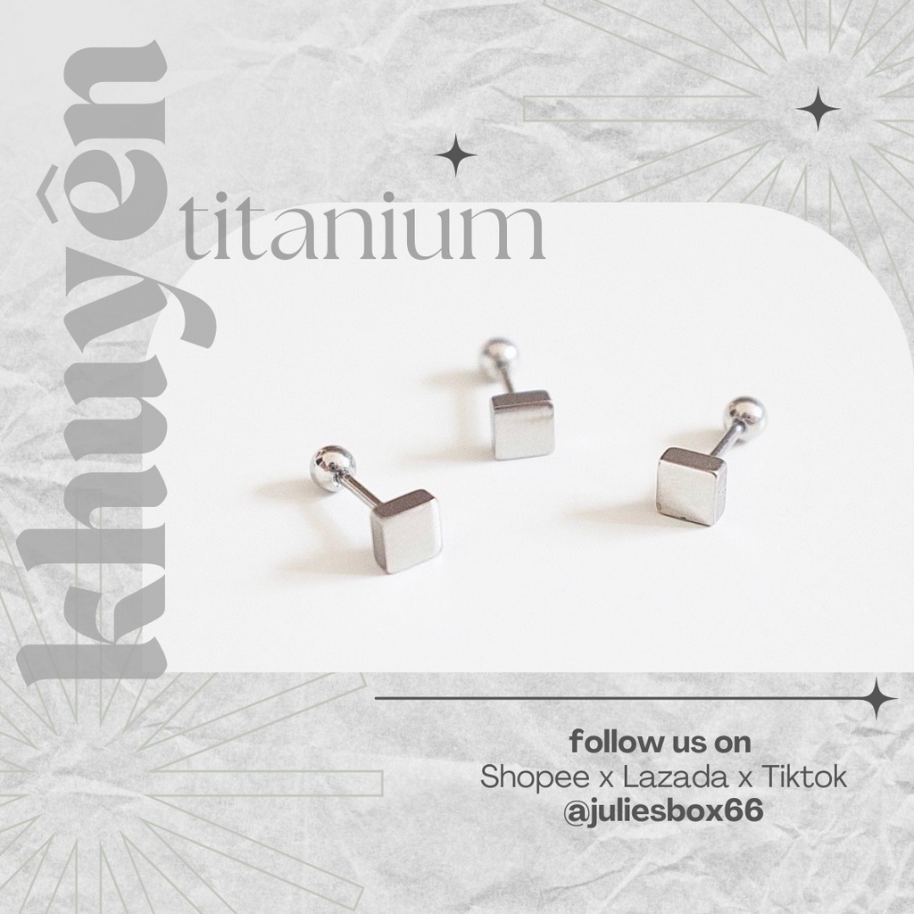 [1 Chiếc] Khuyên Tai Titan Unisex Hình Vuông Bi Tròn Không Gỉ Sét Không Ngứa Bông Tai Julies Box 66