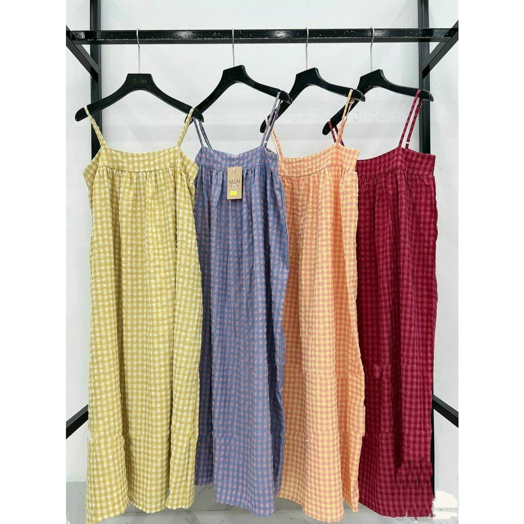 Đầm Babydoll 2 Dây Kẻ Caro Dây Tết Xoắn Form Rộng Maxi Đi Biển