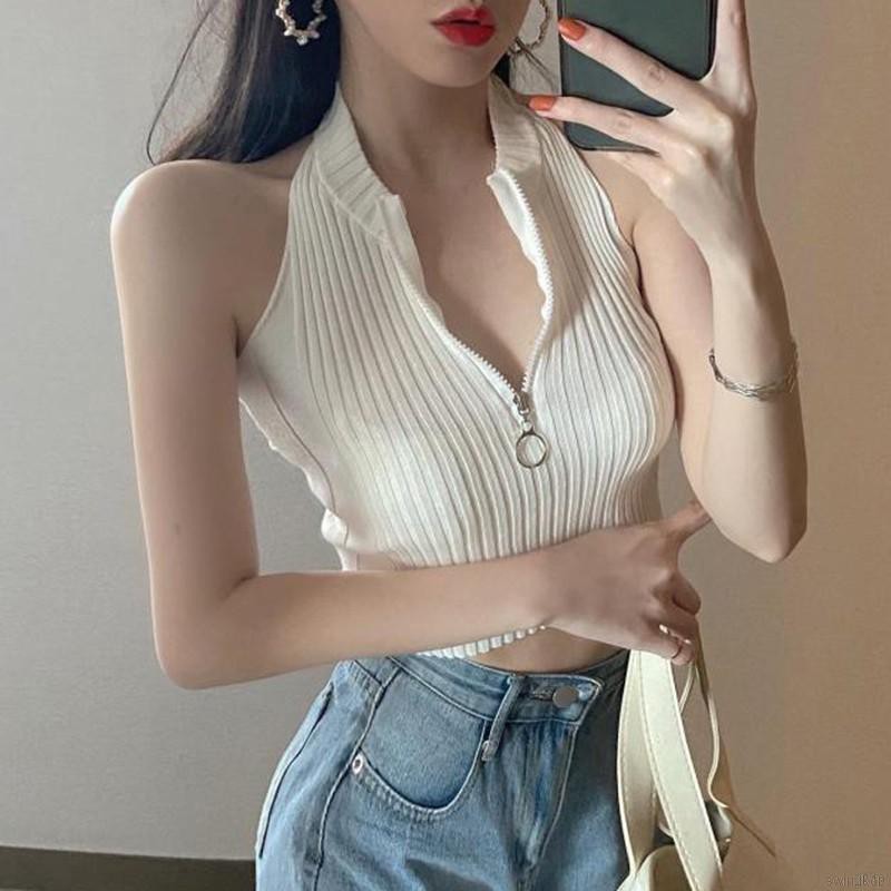 Áo Sát Nách Dệt Kim Thiết Kế Cổ Yếm Quyến Rũ