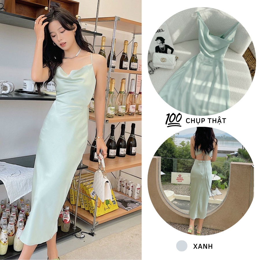 ĐẦM LỤA DỰ TIỆC XANH DÁNG MIDI HAI DÂY CUTOUT LƯNG CỔ ĐỔ TÔN DÁNG SANG TRỌNG