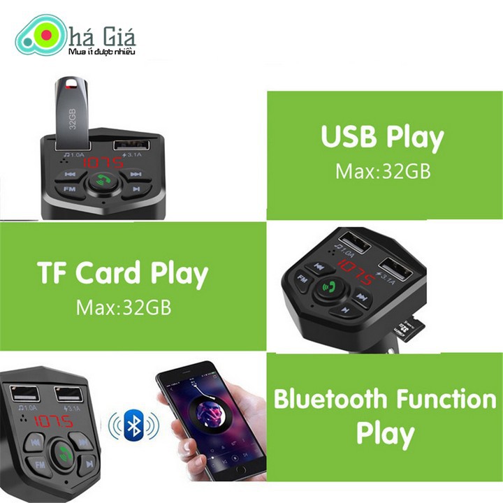 Tẩu sạc Bluetooth phát nhạc và đài FM, Sạc điện thoại trên ô tô