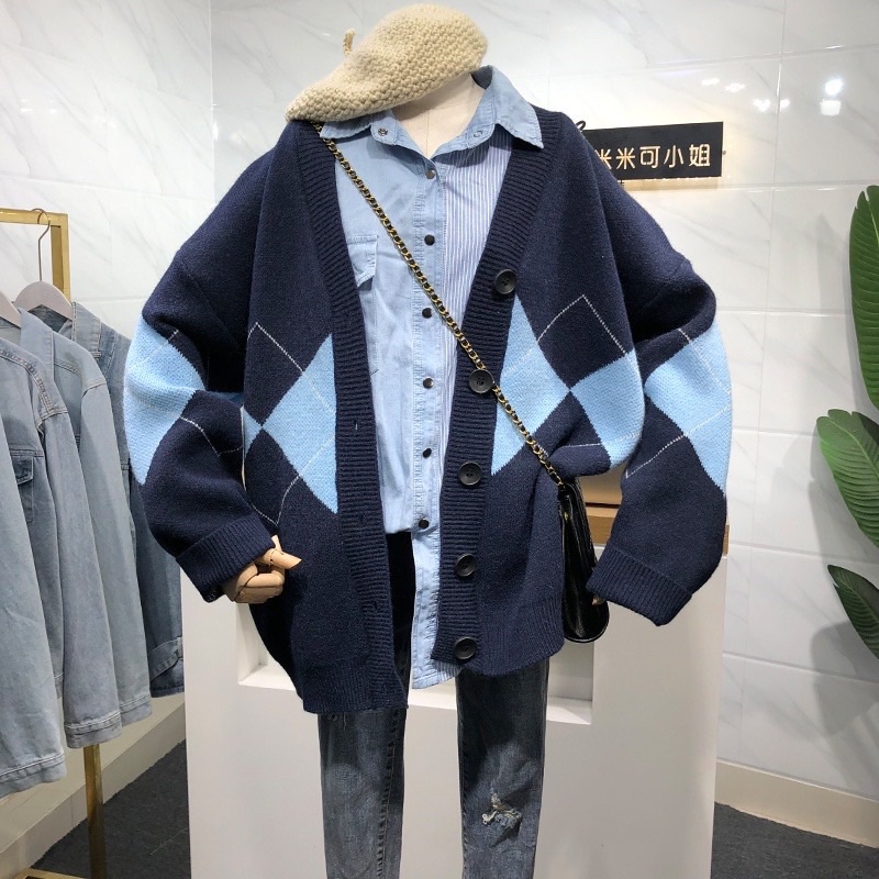 Áo cadigan len hoạ tiết, cardigan kiểu dáng rộng oversize hoạ tiết caro kim cương nhiều mẫu lựa chọn - shopbelinh