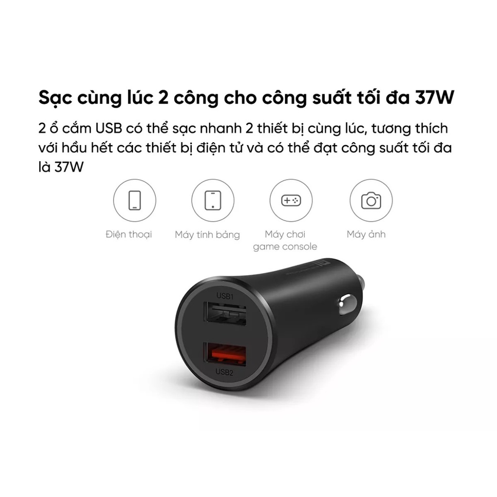 Cốc Tẩu Sạc Nhanh Ôtô / Xe Hơi 2 Cổng USB Xiaomi 37W Quốc Tế CC06ZM CHÍNH HÃNG FULLBOX