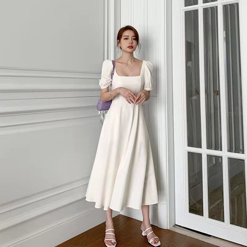 Đầm Tay Phồng Cổ Vuông Màu Trắng Phong Cách Retro Pháp Cho Nữ