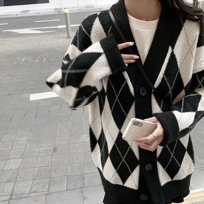 Áo Khoác Cardigan Nữ Kẻ Thoi Form Rộng Đen/ Hồng Chất Nỉ