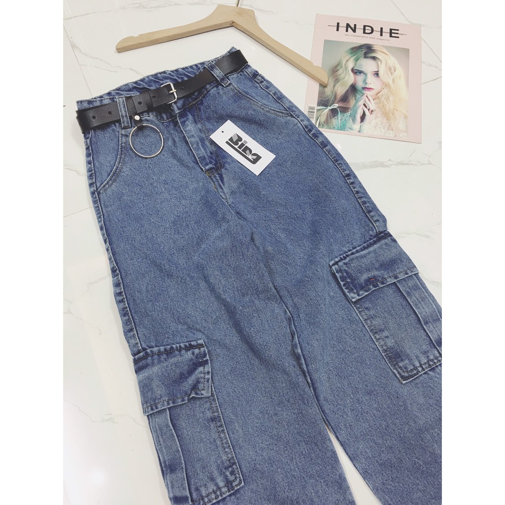 Quần jeans nữ ống rộng túi hộp , quần suông túi hộp unisex màu xanh shynstores