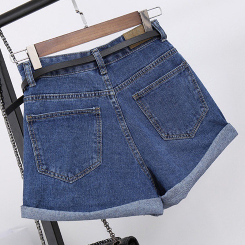 Quần Đùi Nữ Bò Quần Short Nữ Rách Quần Jeans Denim Lưng Cao Phối Túi Phong Cách Retro
