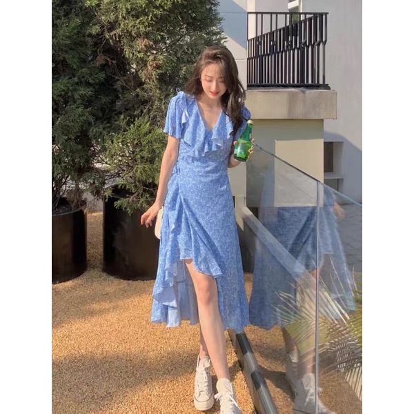 Đầm xanh chấm bi xẻ vạt, váy chấm bi xanh xẻ vạt, váy hoa nhí xẻ vạt