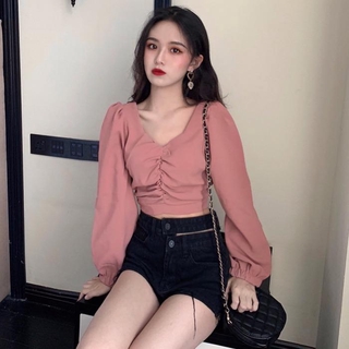 Áo sơ mi cổ chữ V tay dài cho nữ