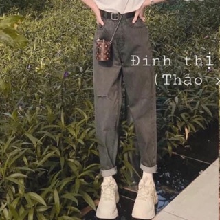 Baggy bò nữ xám khói rách một bên cá tính