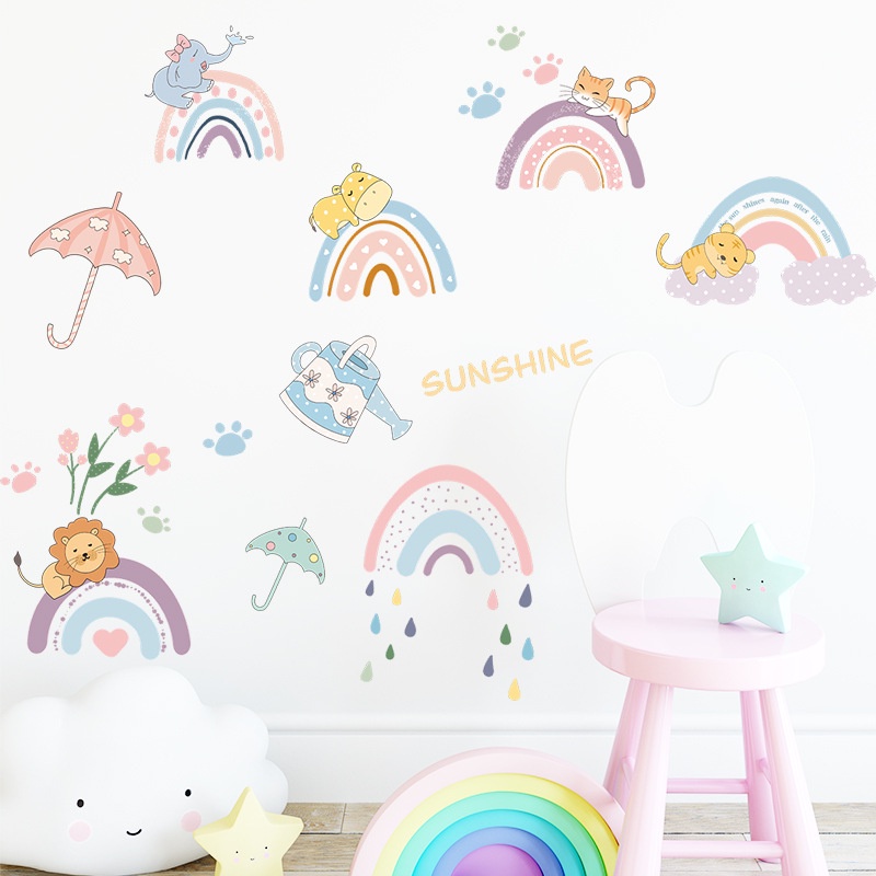 Miếng Dán Tường Trang Trí Phòng Trẻ Em Mẫu Giáo Tự Dính Hình Cầu Vồng Hoạt Hình Bằng PVC Mới