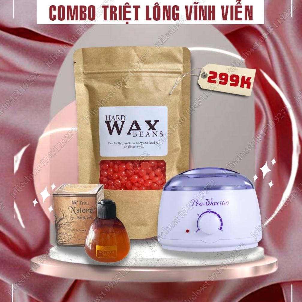 Combo triệt lông nồi nấu sáp wax pro 100, 100gr sáp wax Nóng Beans và Mỡ trăn Nstore tặng kèm que wax lông