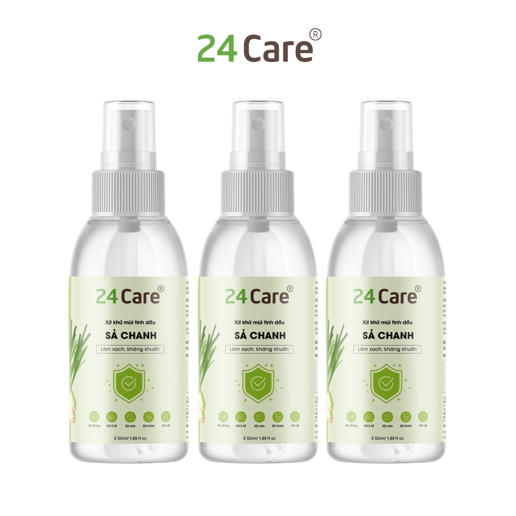 Combo 3 xịt khử mùi thơm phòng Sả Chanh 24Care 50ml/chai