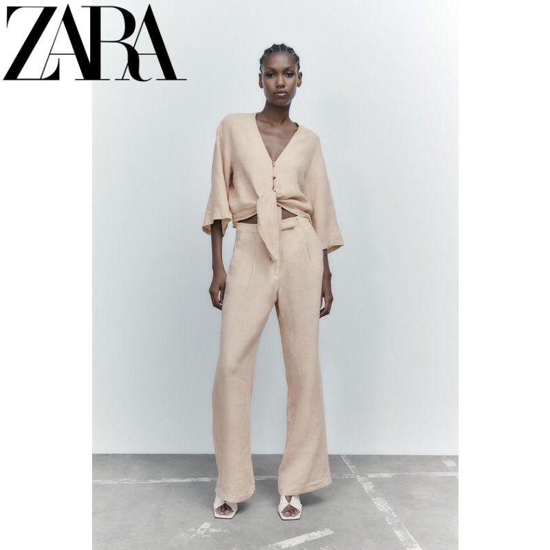 Zara Bộ Áo Sơ Mi Vải Lanh Ngắn Tay Cổ Chữ V + Quần Dài Lưng Cao Ống Rộng Thời Trang Mùa Hè 8291500 8292500