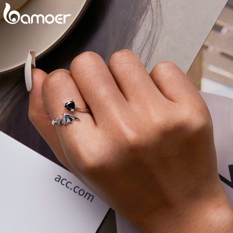 Vòng cổ/ Nhẫn/ Bông tai BAMOER bạc 925 thiết kế hình trái tim đen thời trang