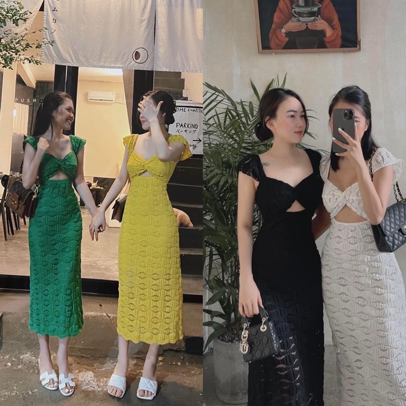 Đầm Xốp Xoắn Ngực Hở Eo 4 Màu Siêu Xinh, Váy Body Xốp Ren 2 Lớp