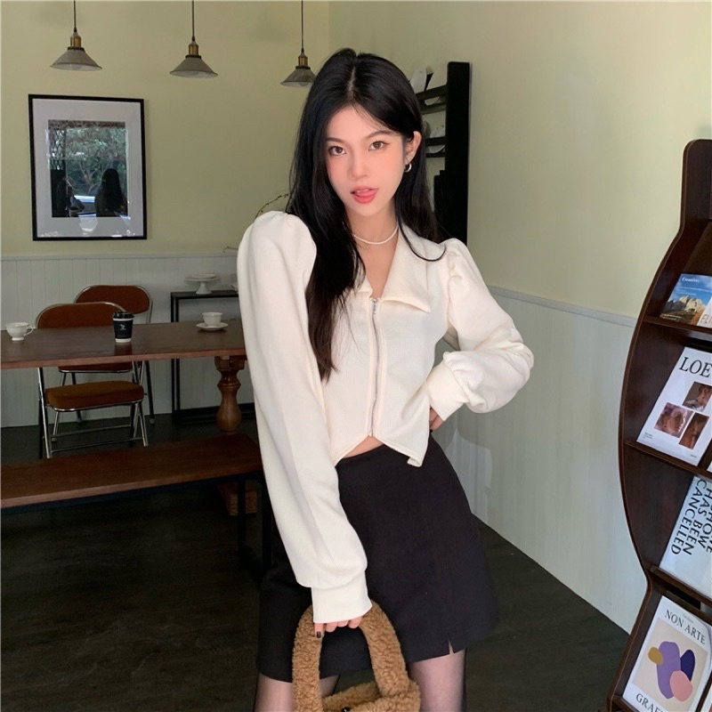 Áo khoác croptop dài tay khoá kéo tay bồng thời trang