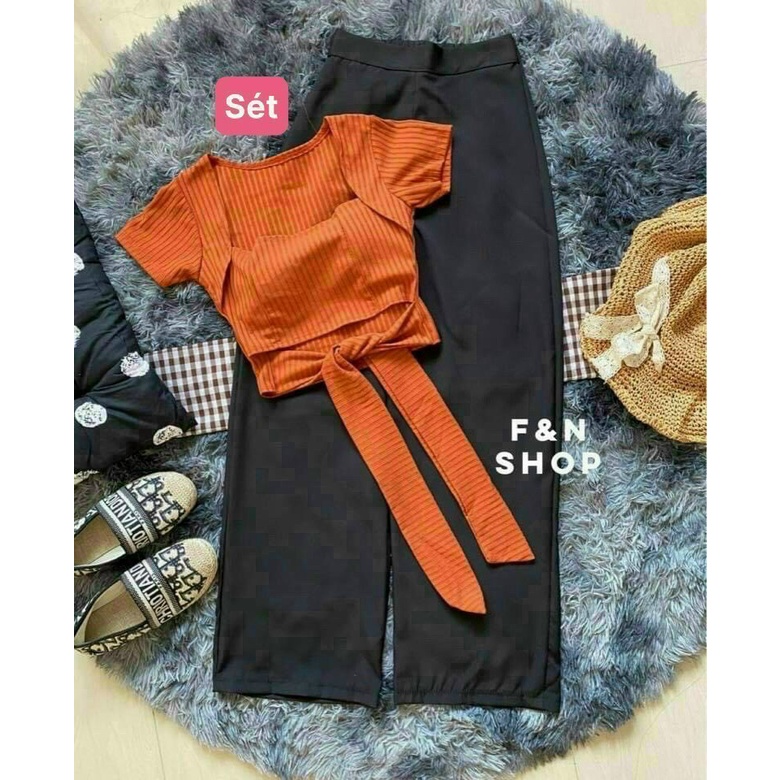 Set đồ nữ cá tính sang chảnh, set bộ quần dài ống rộng lưng cao phối áo croptop kiểu nữ ngắn tay có dây nơ eo siêu đẹp